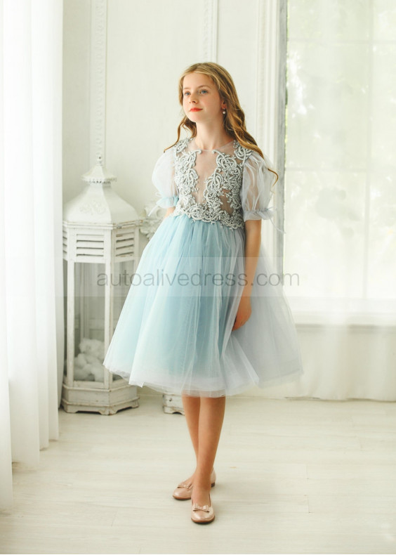 Baby Blue Embroidery Tulle Chic Flower Girl Dress